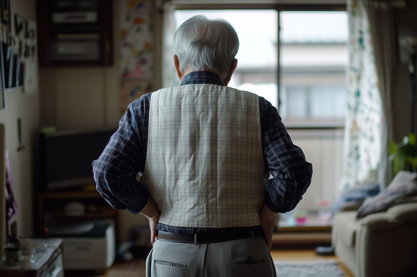 背を向けた高齢者が居間で佇む様子